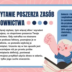 Ilustracja dziewczynki z podniesioną ręką nad otwartą książką, z tekstem o poszerzaniu słownictwa.